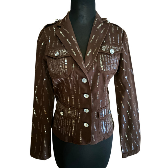 Cache Brown Sequin Encrusted Gemstone Buttons Jacket Top Fitted Stretch $198 NWT - Picture 1 of 7